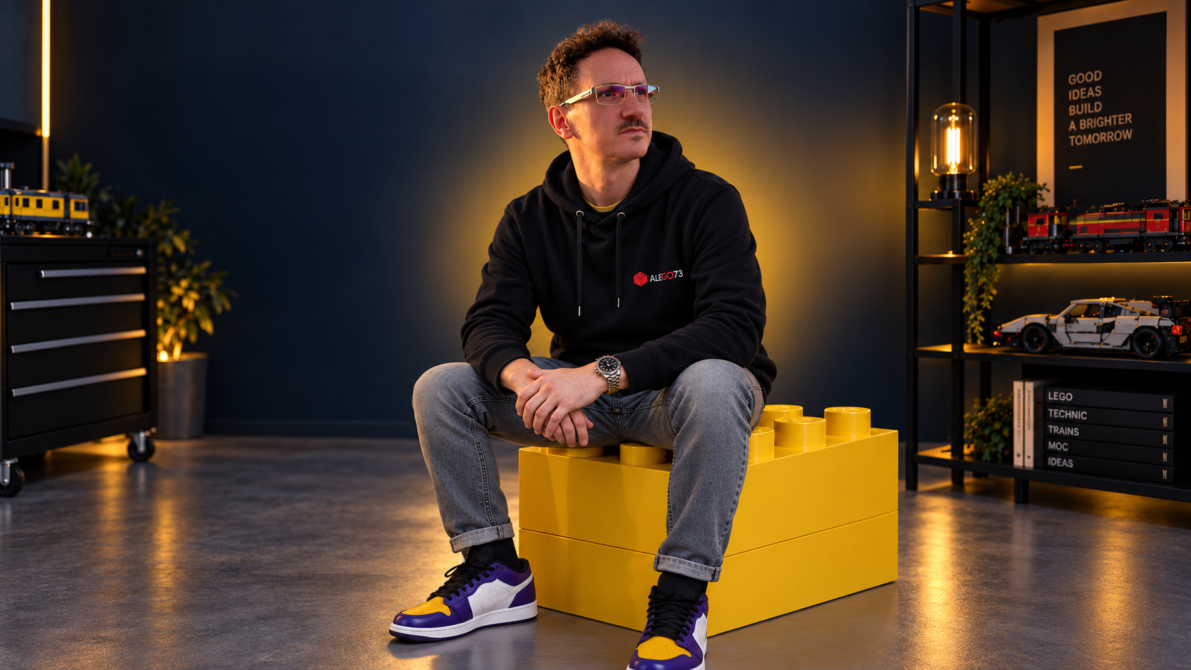 Alessandro, creator di ALEGO73, nel suo studio con modelli LEGO