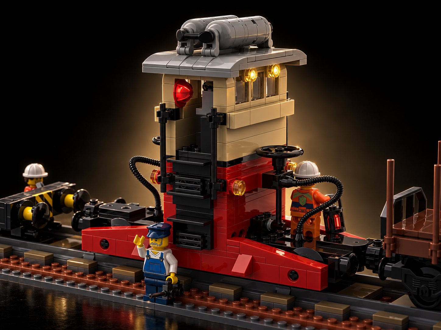 Primo piano della locomotiva LEGO L914 Sogliola con personale ferroviario