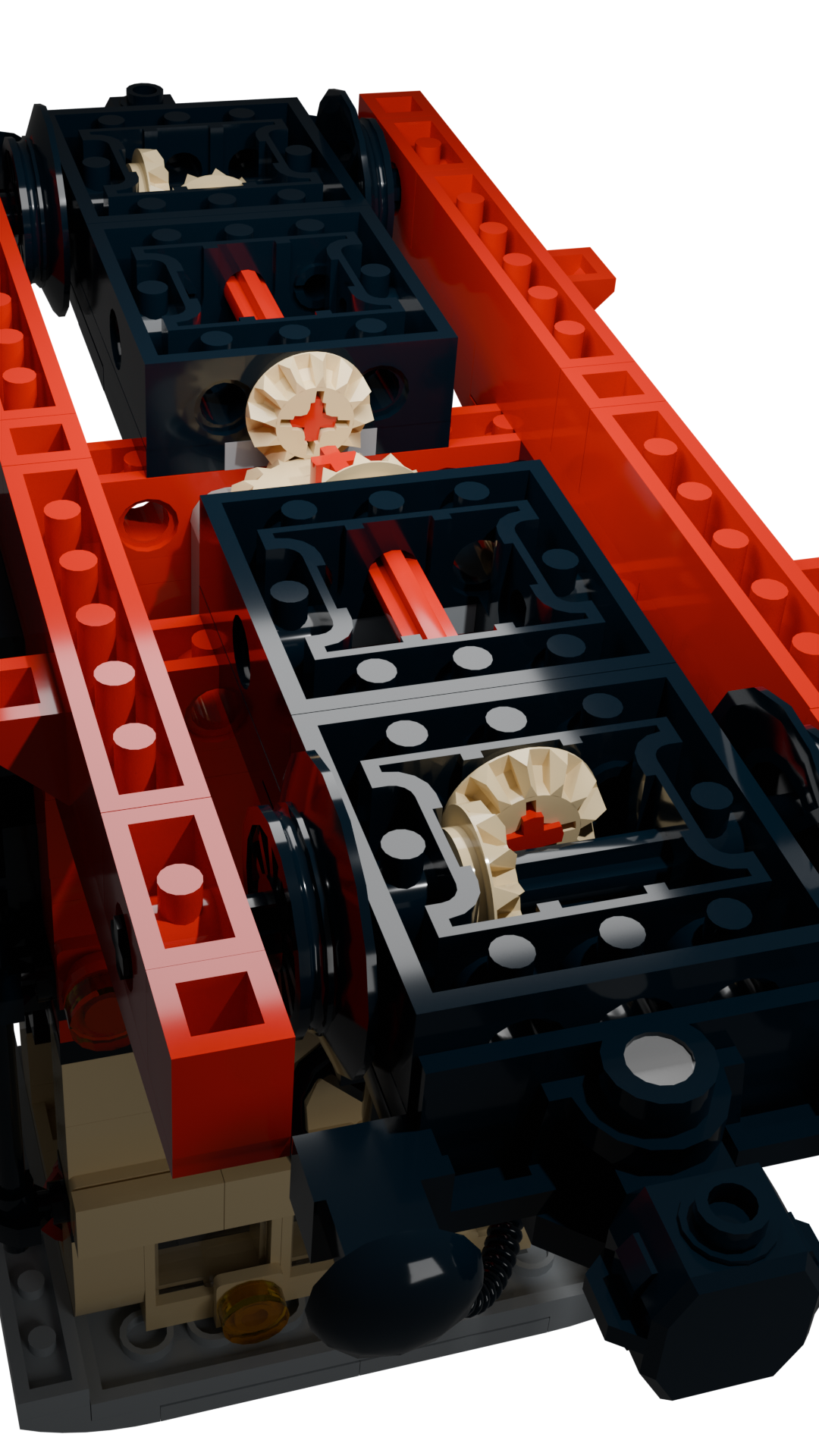 Dettaglio verticale del sistema di trasmissione interno della locomotiva LEGO L914 Sogliola