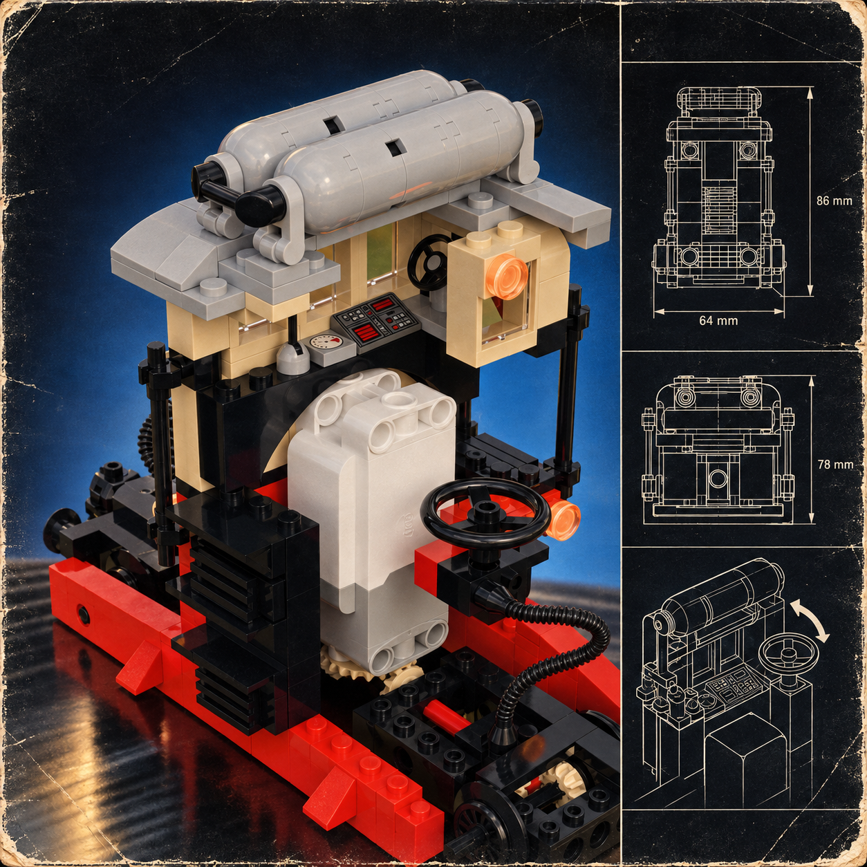 Vista aperta e tavole tecniche della cabina della locomotiva LEGO L914 Sogliola